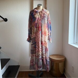 AURA Patchwork Multi Pattern Tiered Midi Dress w/ Detachable Liner Sz: Small